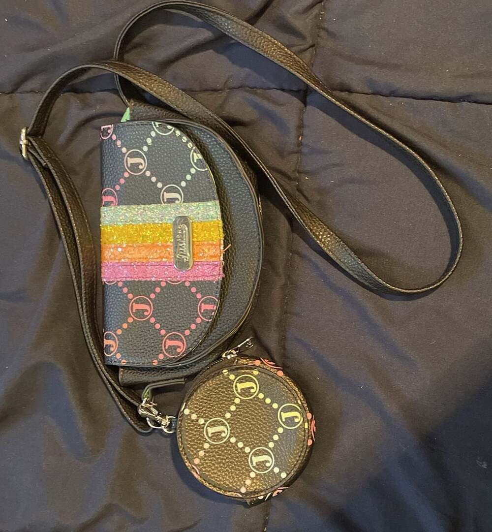 Justice Crossbody Bag Black Rainbow Glitter Monogram with Coin Pouch